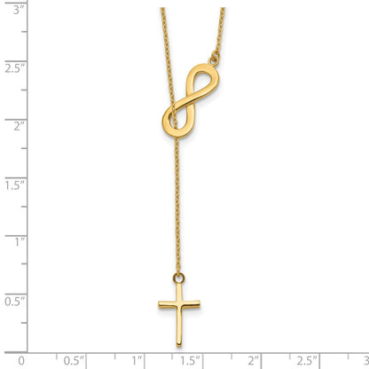 14K Yellow Gold Polished Infinity & Cross Lariat Necklace