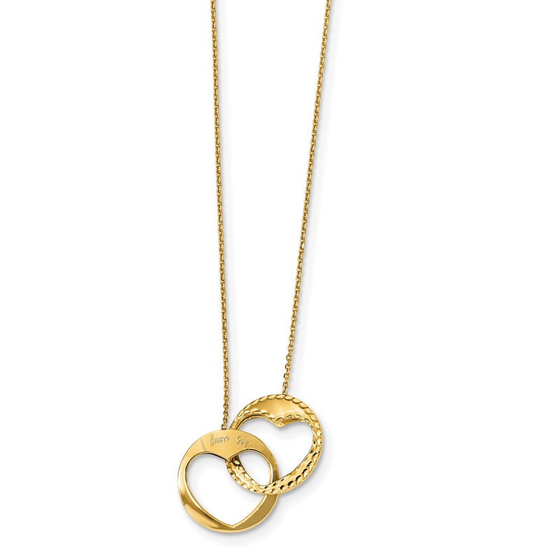 14K Yellow Gold Polished Double Interlocking Heart I Love You With 1 Inch Ext. Necklace