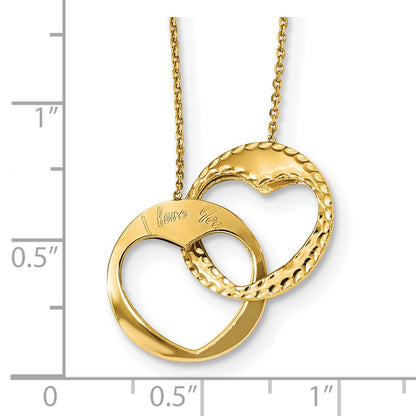 14K Yellow Gold Polished Double Interlocking Heart I Love You With 1 Inch Ext. Necklace