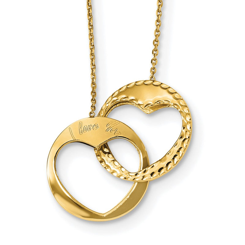 14K Yellow Gold Polished Double Interlocking Heart I Love You With 1 Inch Ext. Necklace