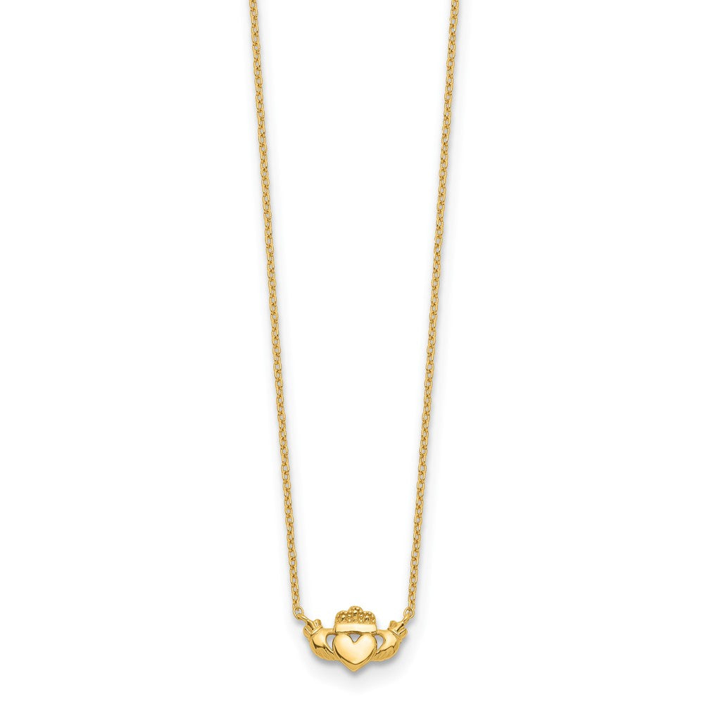 14K Yellow Gold Polished Claddagh 17 Inch Necklace