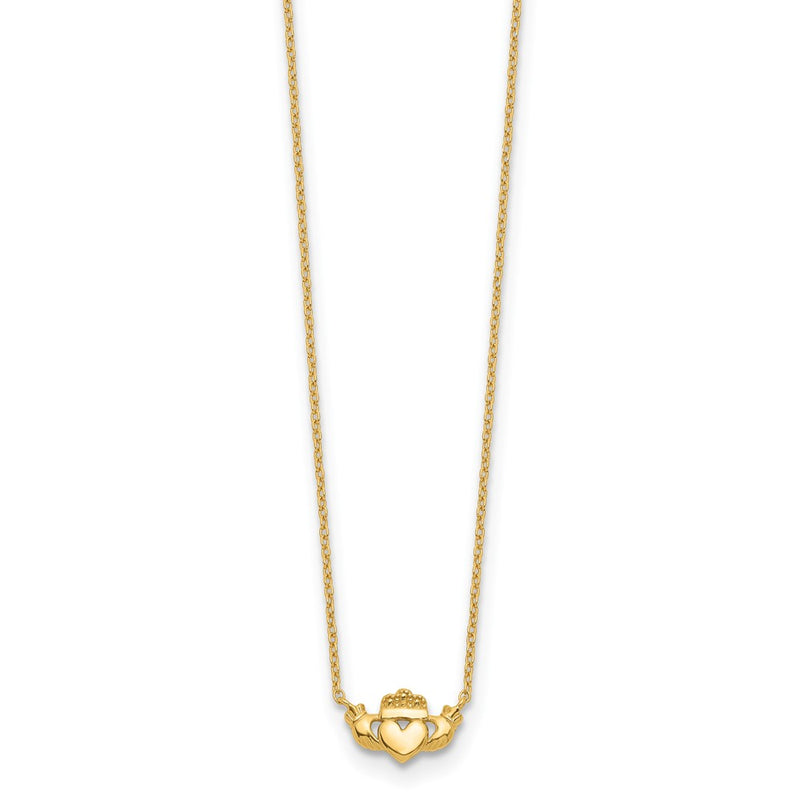 14K Yellow Gold Polished Claddagh 17 Inch Necklace