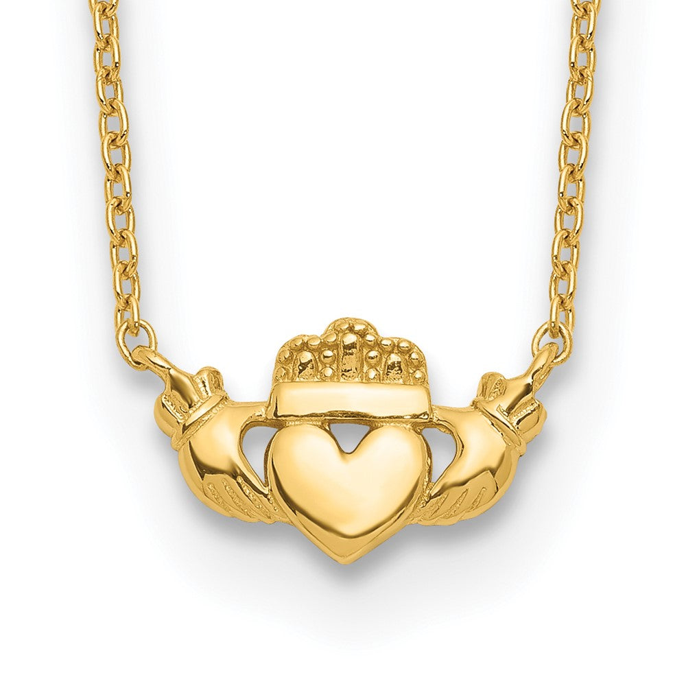 14K Yellow Gold Polished Claddagh 17 Inch Necklace