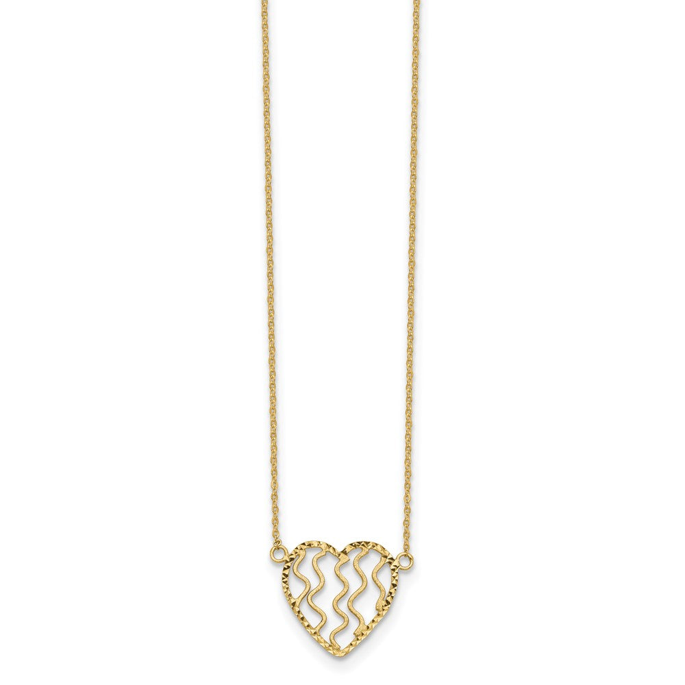 14K Yellow Gold Polished Satin And D/C Heart 18In Necklace