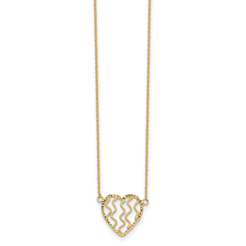 14K Yellow Gold Polished Satin And D/C Heart 18In Necklace
