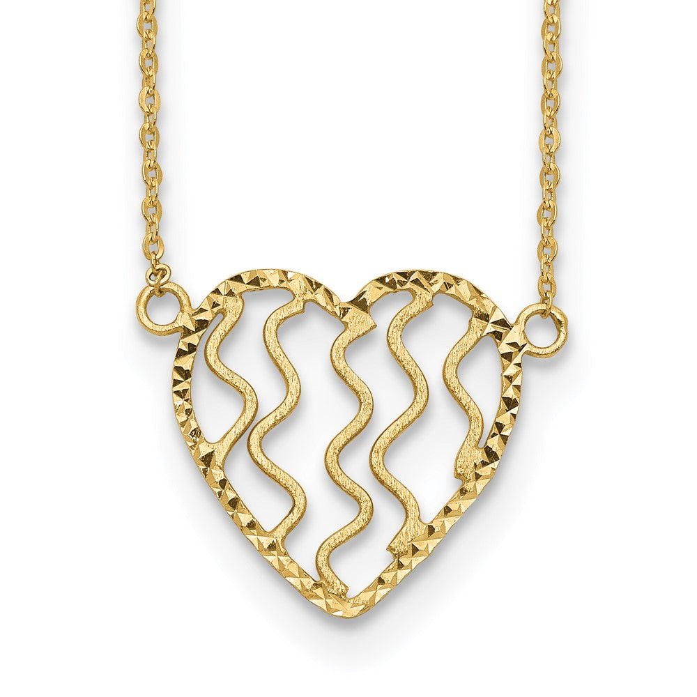 14K Yellow Gold Polished Satin And D/C Heart 18In Necklace