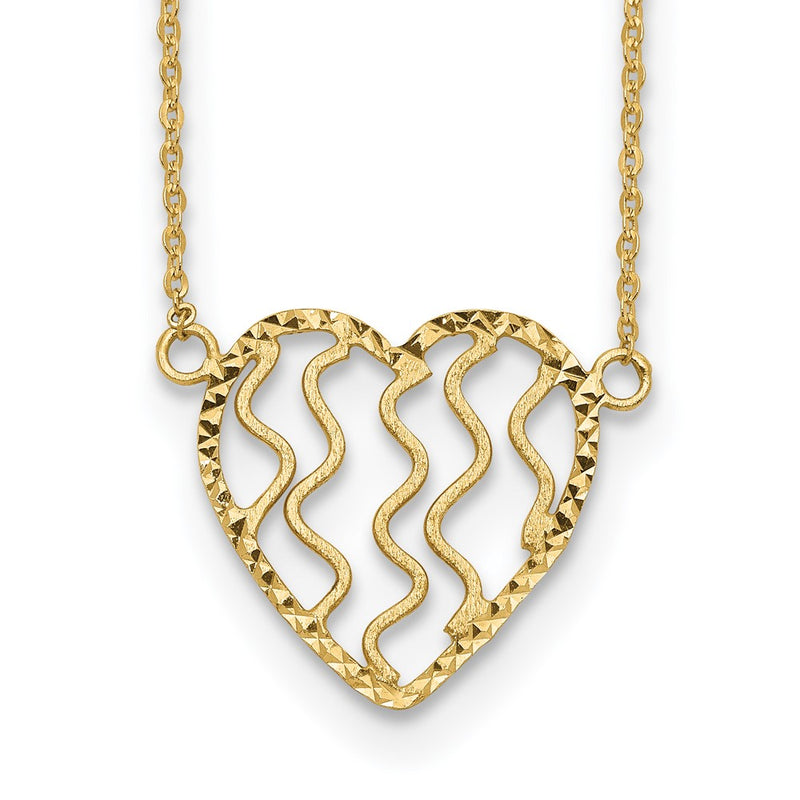 14K Yellow Gold Polished Satin And D/C Heart 18In Necklace