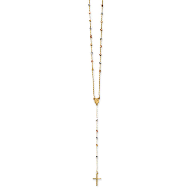 14K Tri-Color Polished Bead Rosary Hollow Miraculous Medal 24 Inch Necklace