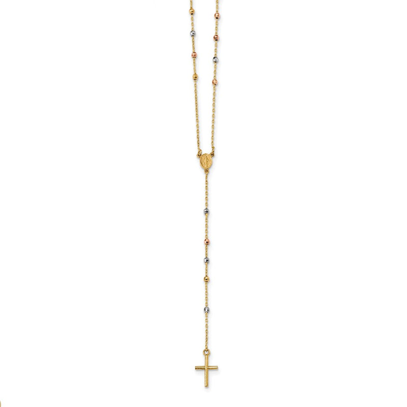 14K Tri-Color Polished Bead Rosary Hollow Miraculous Medal 24 Inch Necklace