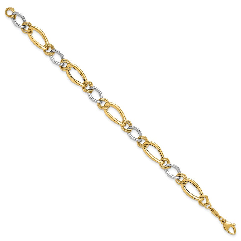 14K Two-Tone Polished & Textured Fancy Oval Curb Chain Bracelet