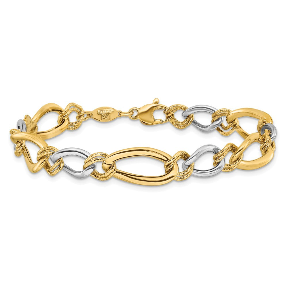 14K Two-Tone Polished & Textured Fancy Oval Curb Chain Bracelet