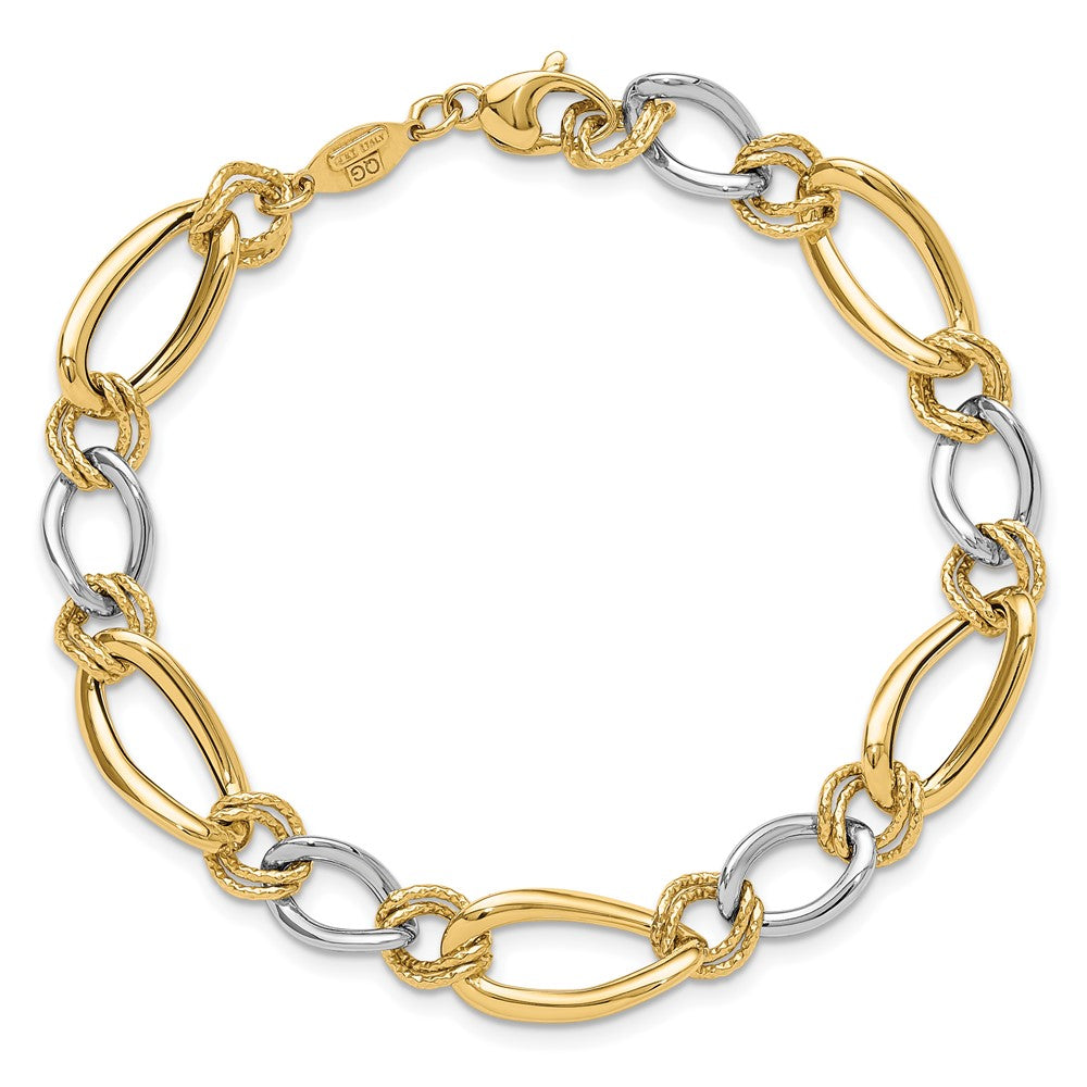 14K Two-Tone Polished & Textured Fancy Oval Curb Chain Bracelet