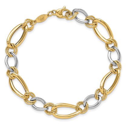14K Two-Tone Polished & Textured Fancy Oval Curb Chain Bracelet