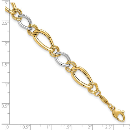 14K Two-Tone Polished & Textured Fancy Oval Curb Chain Bracelet