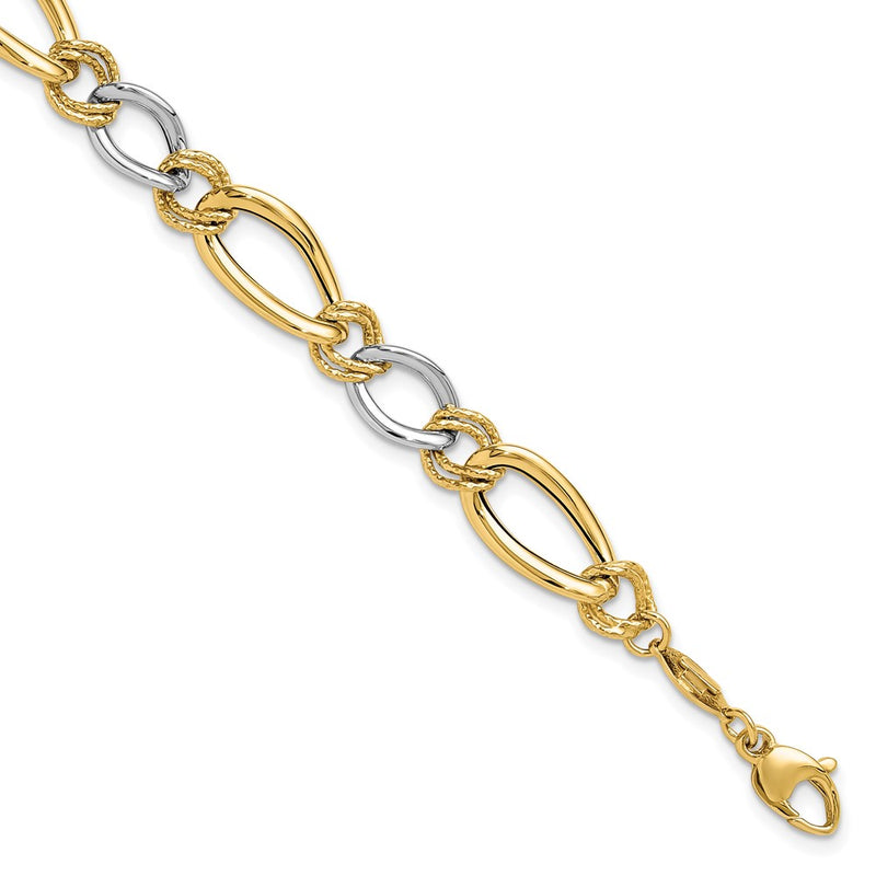 14K Two-Tone Polished & Textured Fancy Oval Curb Chain Bracelet