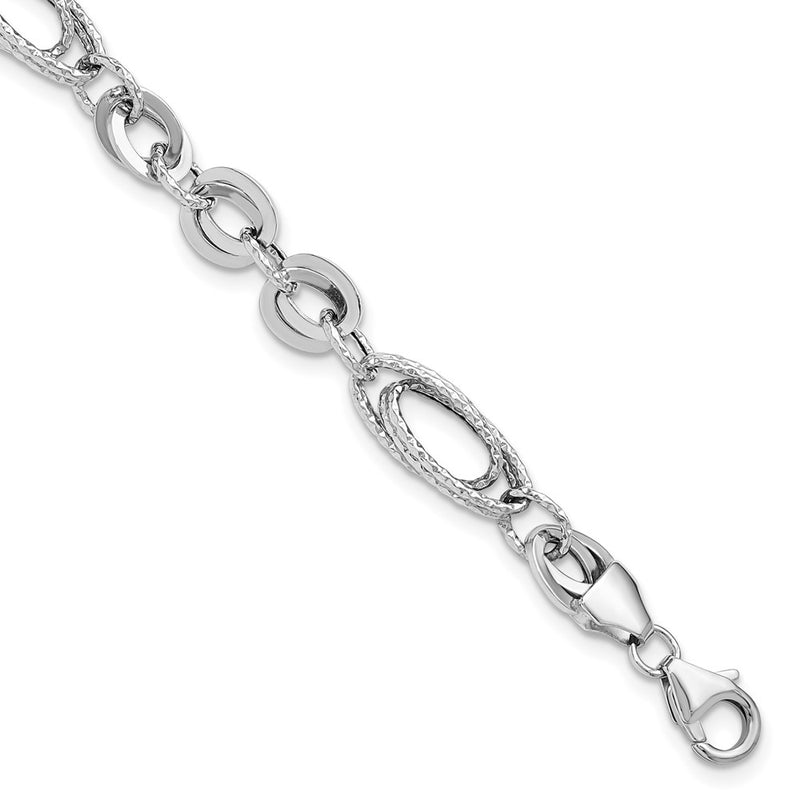 7.75 Inch 14K White Polished & Textured Oval Fancy Link Bracelet