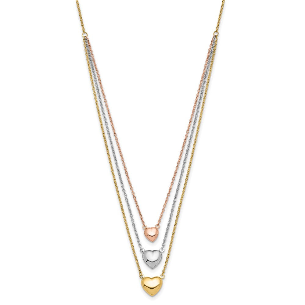 14K Tri-Color Three Heart W/ 1In Ext. Necklace