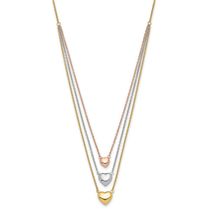 14K Tri-Color Three Heart W/ 1In Ext. Necklace