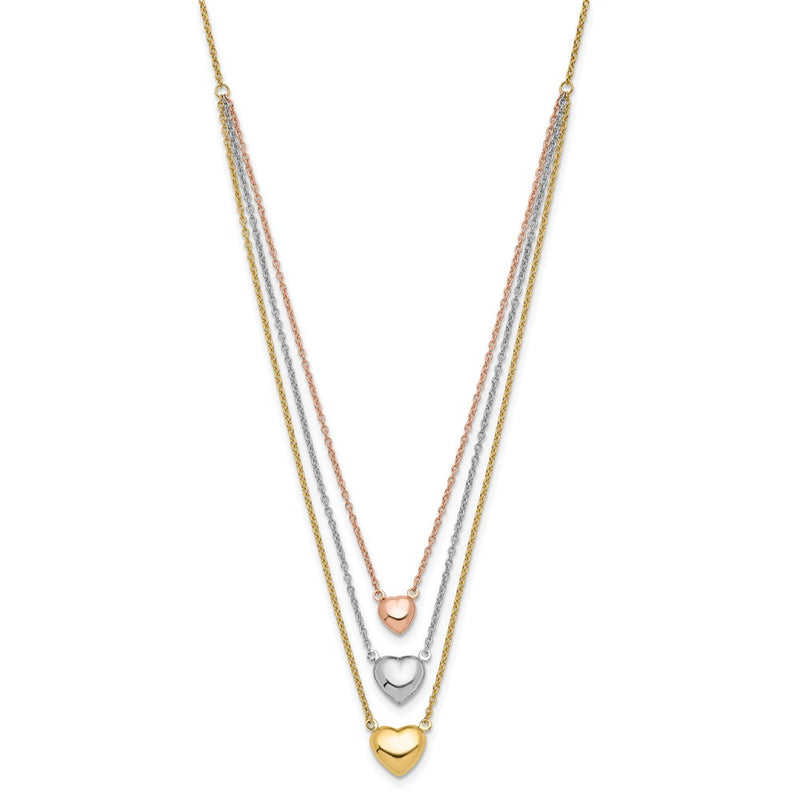14K Tri-Color Three Heart W/ 1In Ext. Necklace