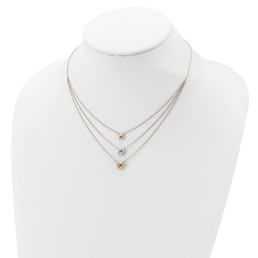 14K Tri-Color Three Heart W/ 1In Ext. Necklace