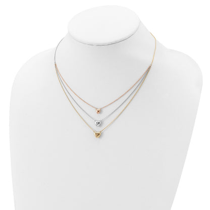 14K Tri-Color Three Heart W/ 1In Ext. Necklace