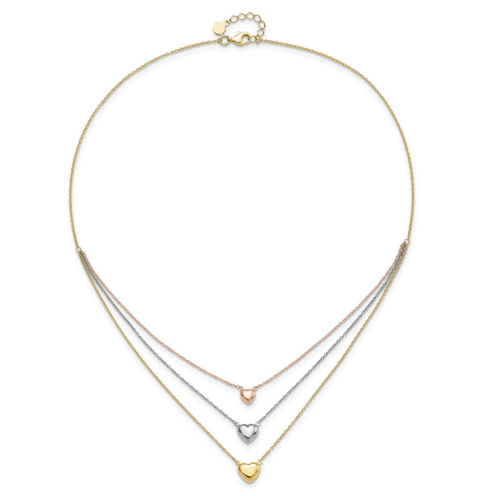 14K Tri-Color Three Heart W/ 1In Ext. Necklace
