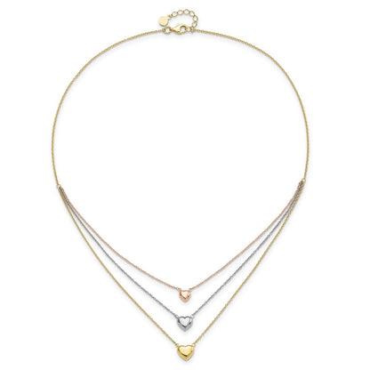 14K Tri-Color Three Heart W/ 1In Ext. Necklace