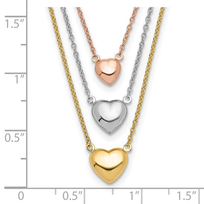 14K Tri-Color Three Heart W/ 1In Ext. Necklace