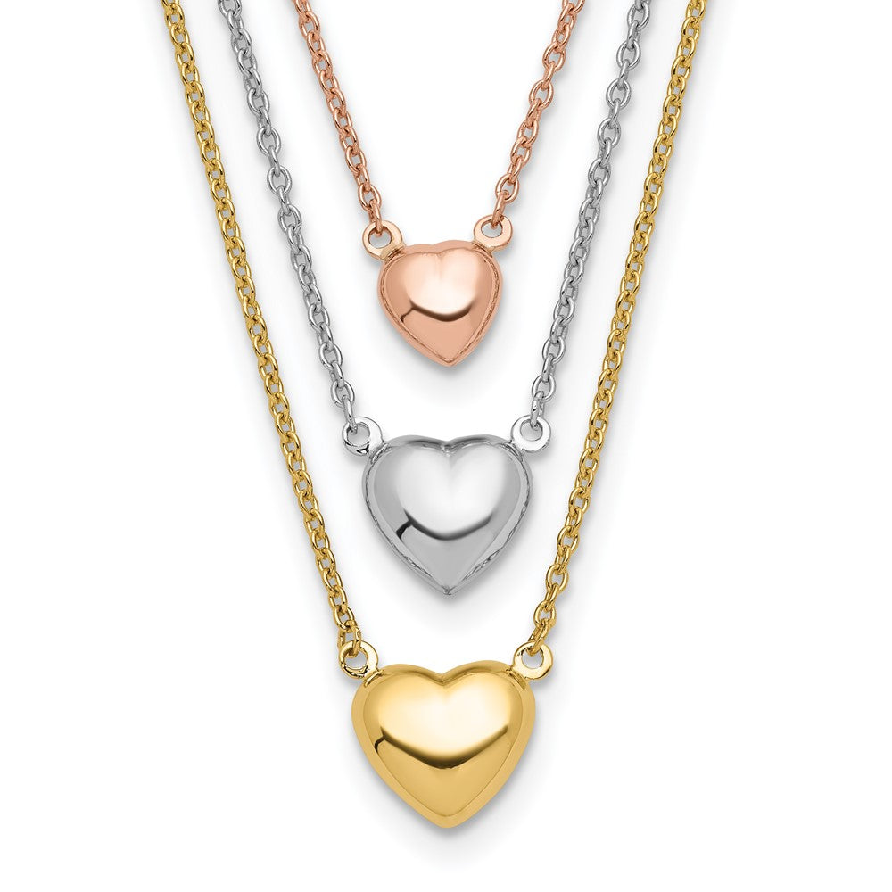 14K Tri-Color Three Heart W/ 1In Ext. Necklace