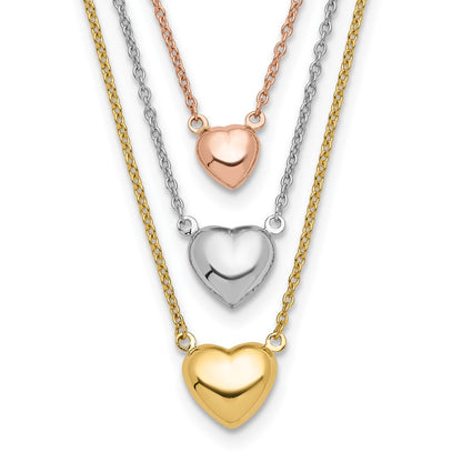 14K Tri-Color Three Heart W/ 1In Ext. Necklace