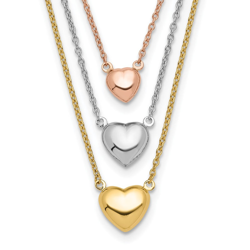 14K Tri-Color Three Heart W/ 1In Ext. Necklace