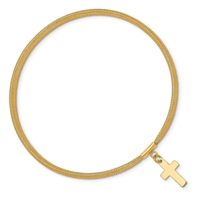 14K Yellow Gold Mesh Cross Dangle Stretch Bracelet