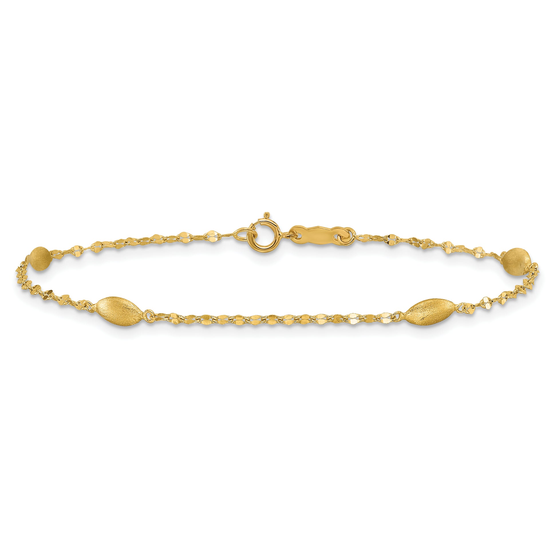 7.5 Inch 14K Diamond-Cut W/Satin Oval Beads Bracelet