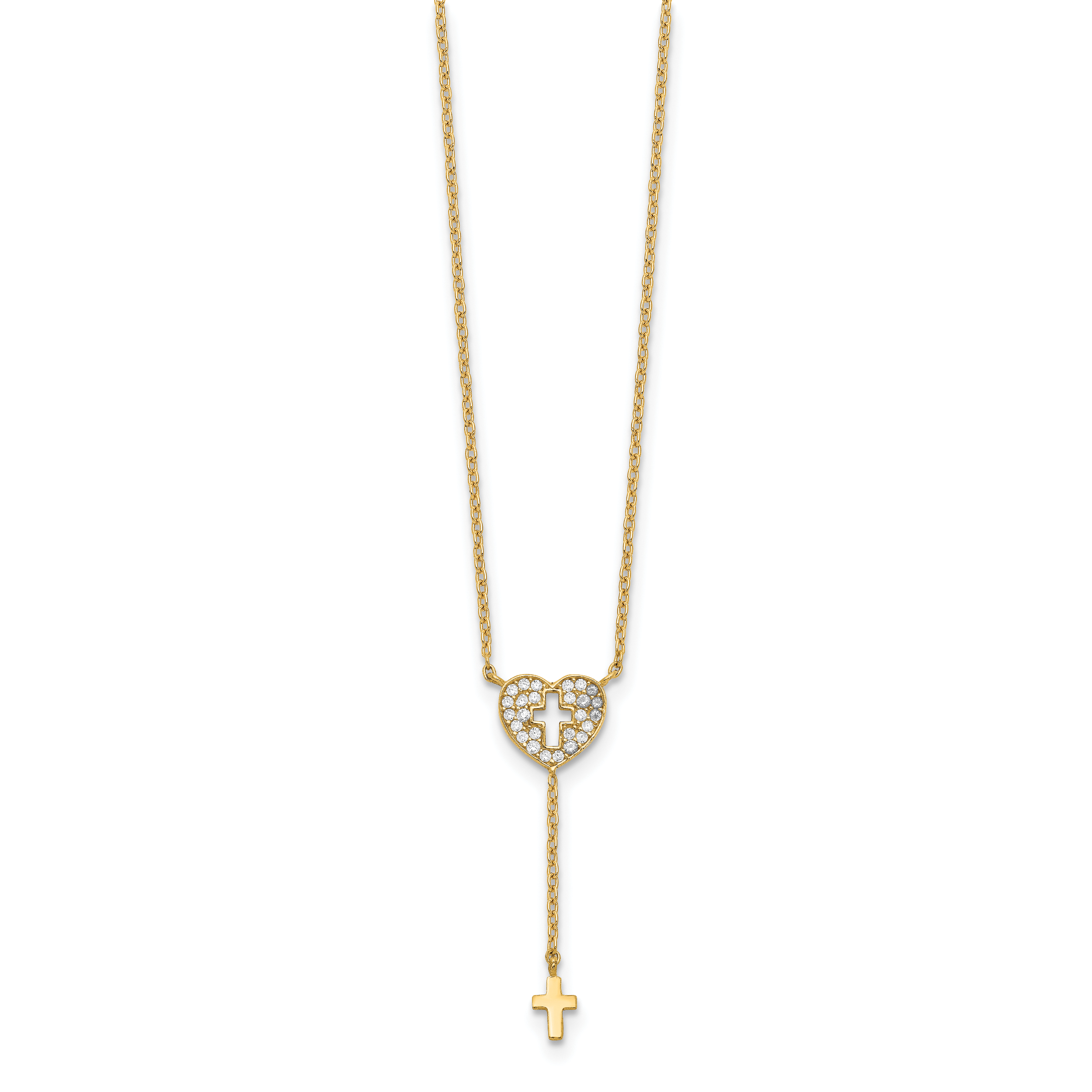 14K Yellow Gold Heart With Cross Cz Necklace