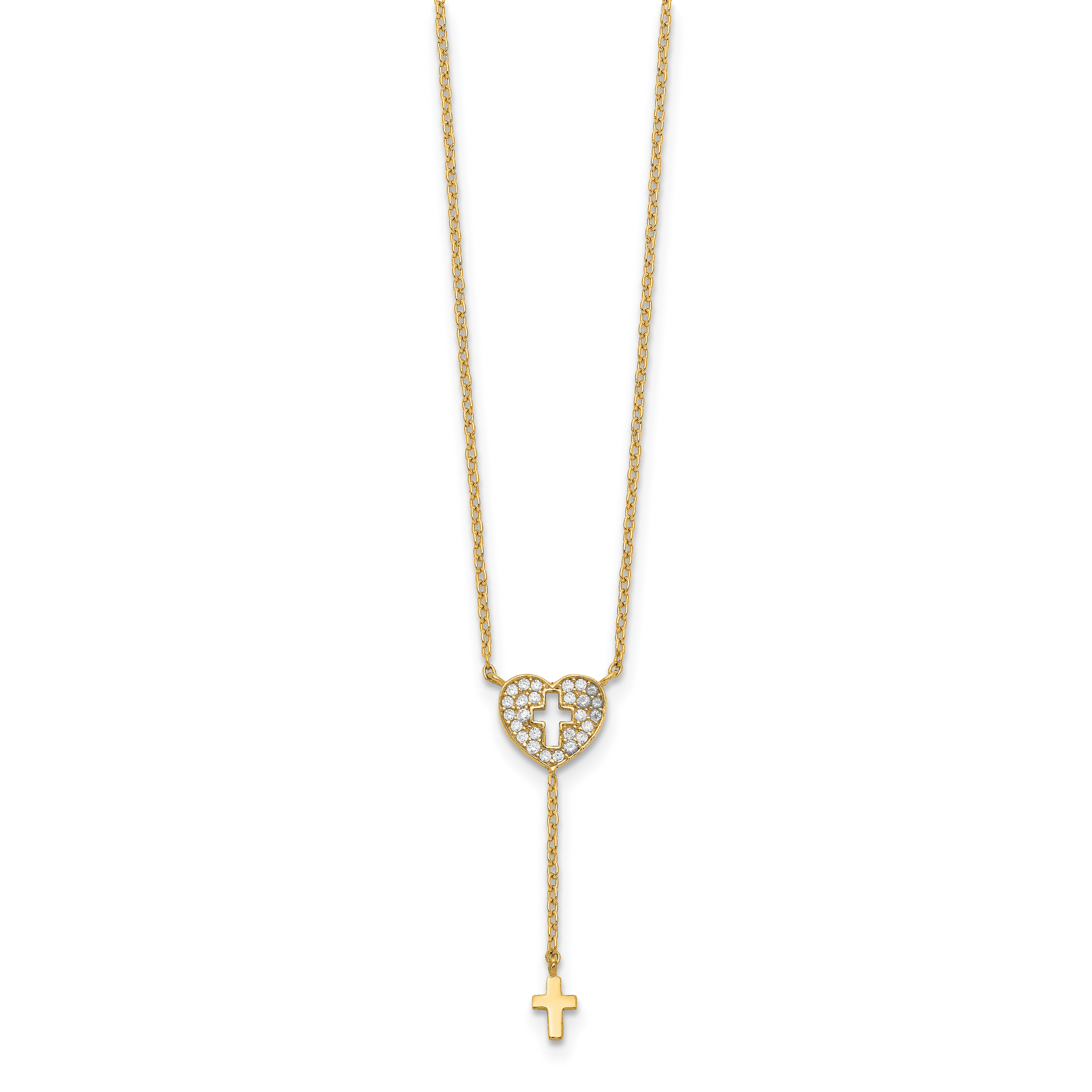 14K Yellow Gold Heart With Cross Cz Necklace