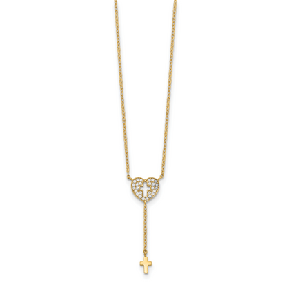 14K Yellow Gold Heart With Cross Cz Necklace