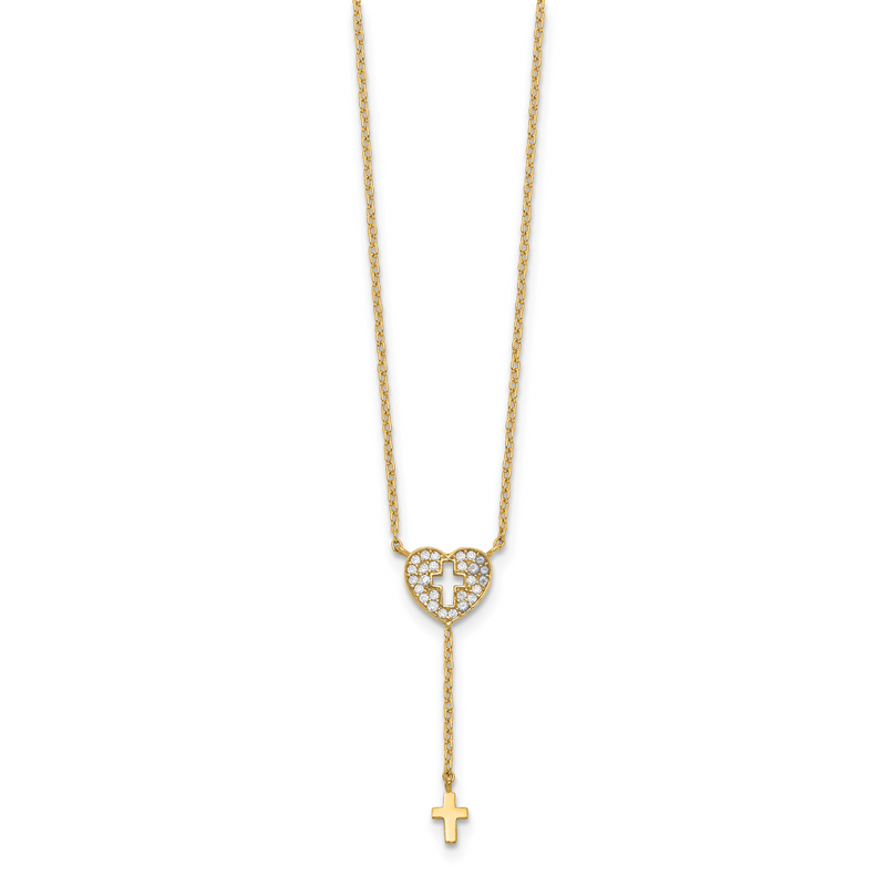 14K Yellow Gold Heart With Cross Cz Necklace