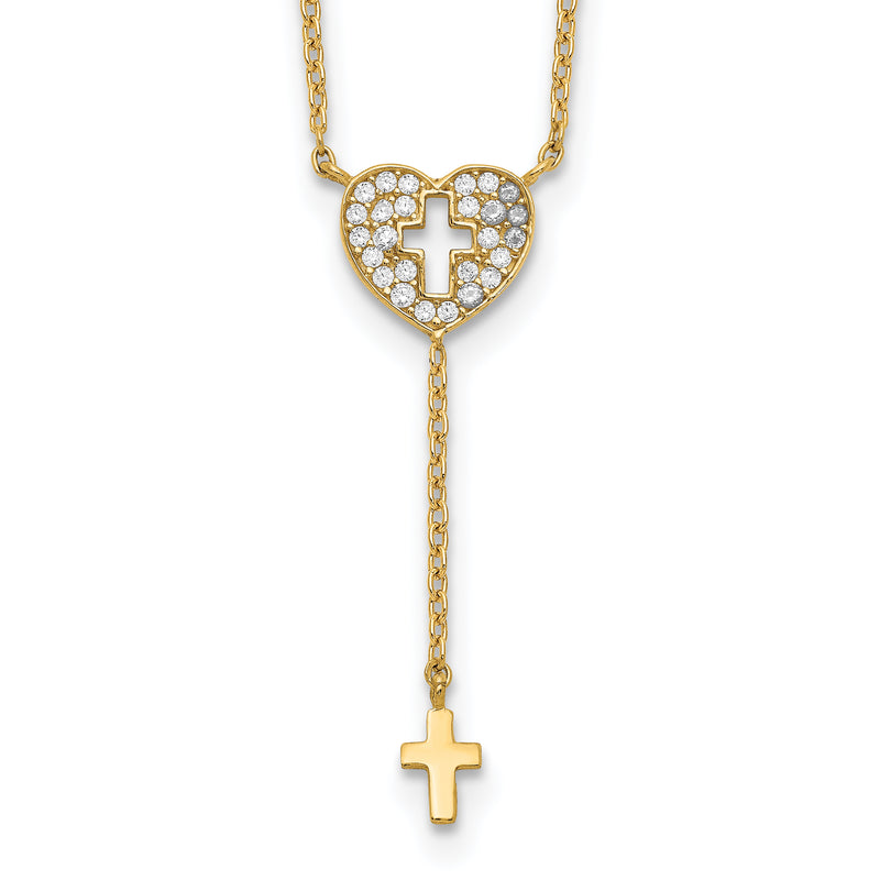 14K Yellow Gold Heart With Cross Cz Necklace