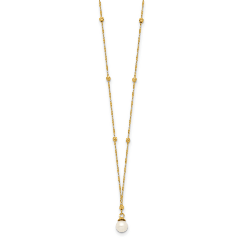 18 Inch 14K Beaded Chain W/5mm Freshwater Cultured Pearl Necklace