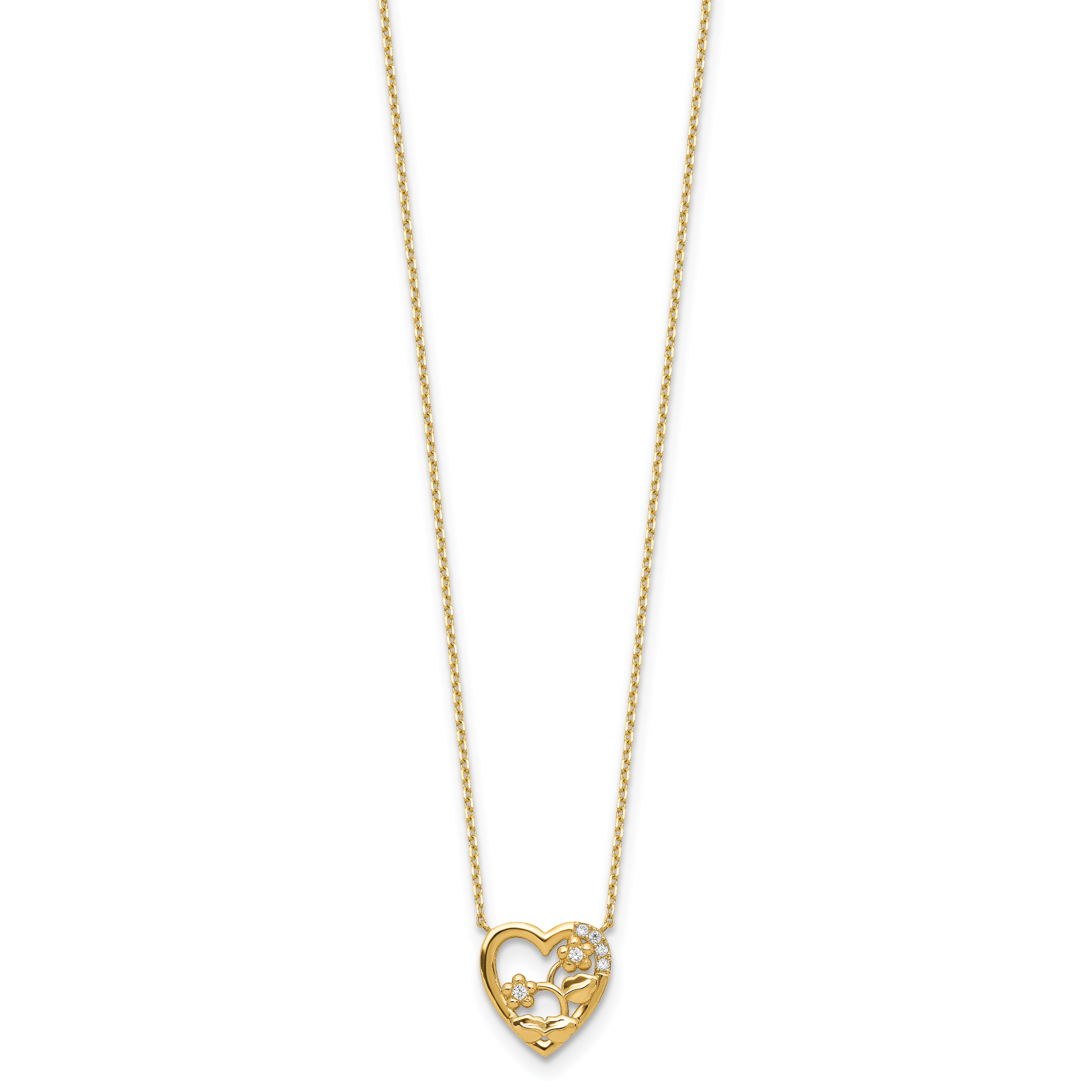 14K Yellow Gold Heart With Flowers & Cz 2In Ext Necklace