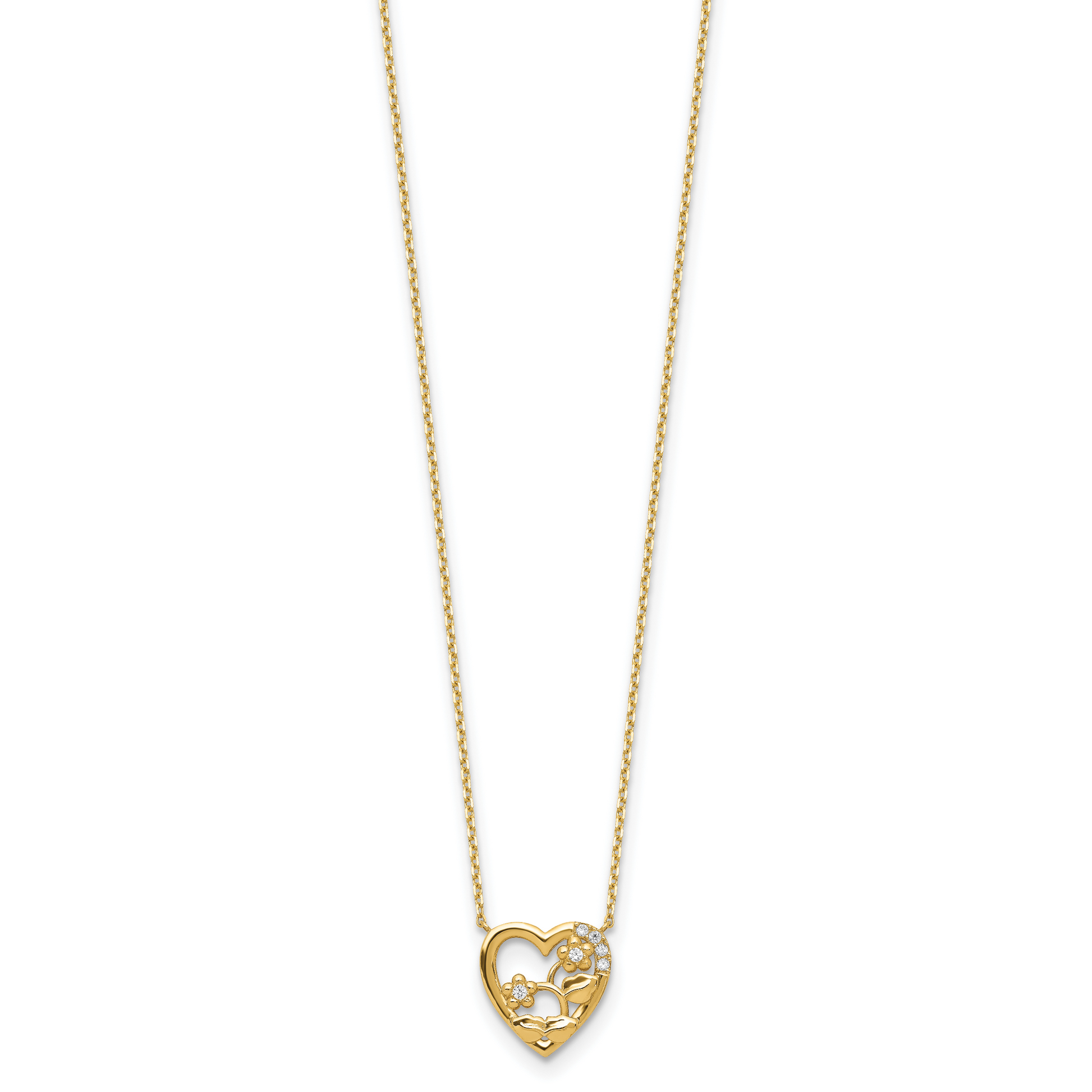 14K Yellow Gold Heart With Flowers & Cz 2In Ext Necklace
