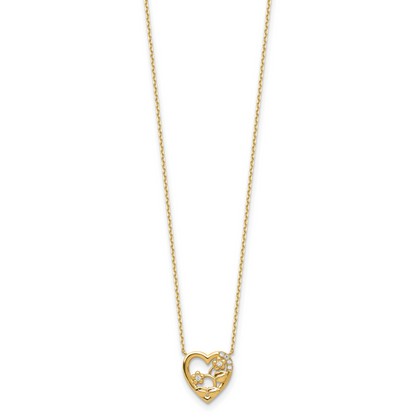 14K Yellow Gold Heart With Flowers & Cz 2In Ext Necklace