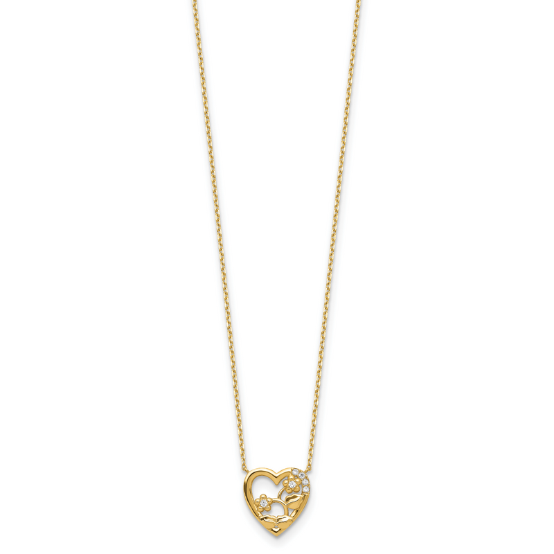 14K Yellow Gold Heart With Flowers & Cz 2In Ext Necklace