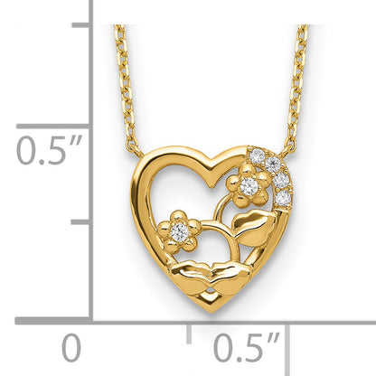 14K Yellow Gold Heart With Flowers & Cz 2In Ext Necklace