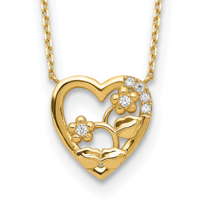 14K Yellow Gold Heart With Flowers & Cz 2In Ext Necklace