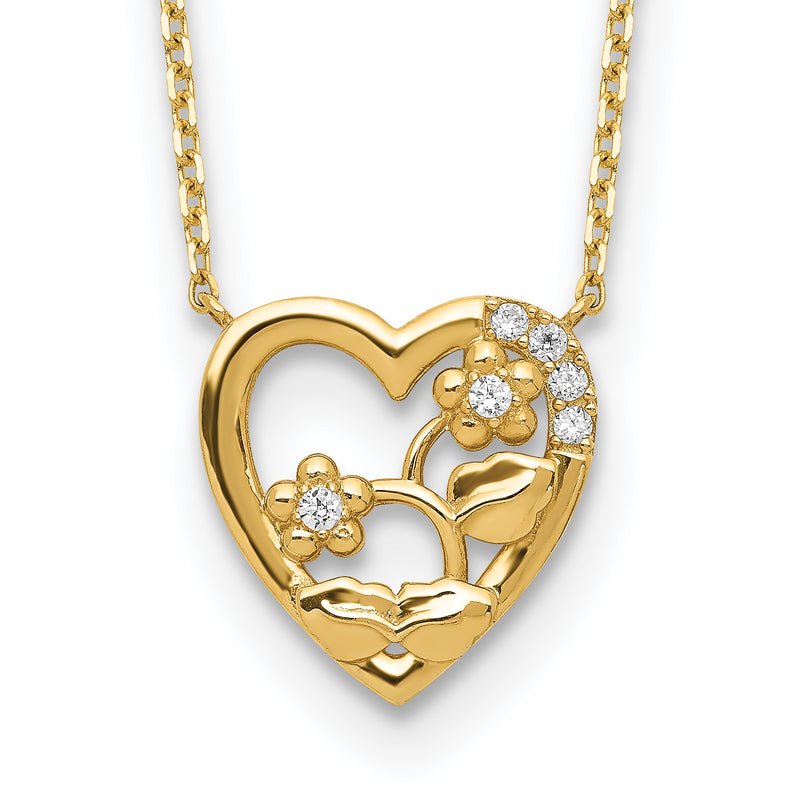 14K Yellow Gold Heart With Flowers & Cz 2In Ext Necklace