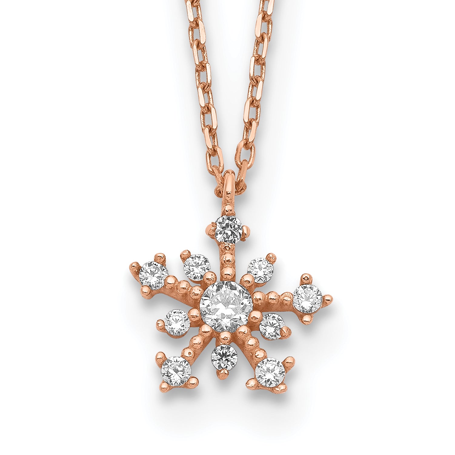 14K Rose Gold Cz Snowflake W/ 1In Ext. Necklace