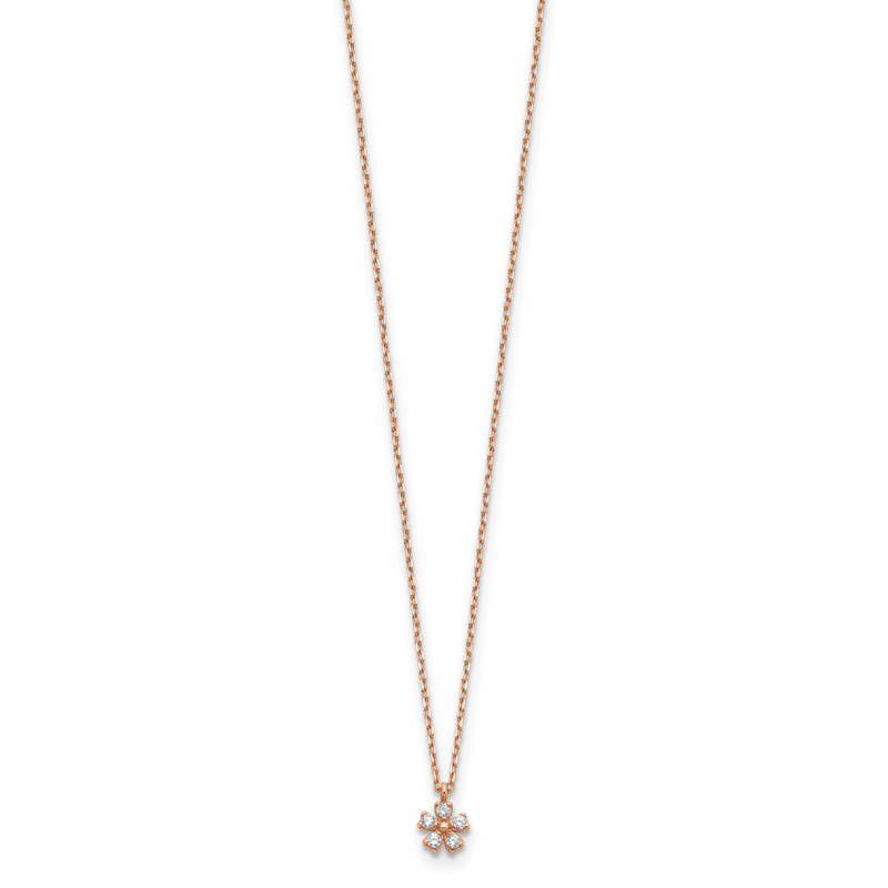 14K Rose Gold Cz Flower W/ 1In Ext. Necklace