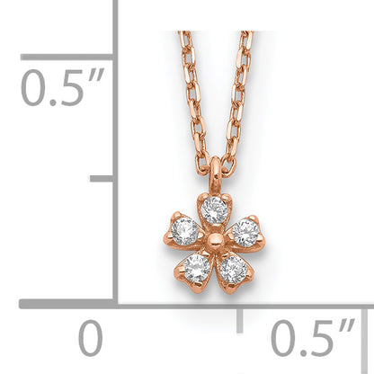 14K Rose Gold Cz Flower W/ 1In Ext. Necklace
