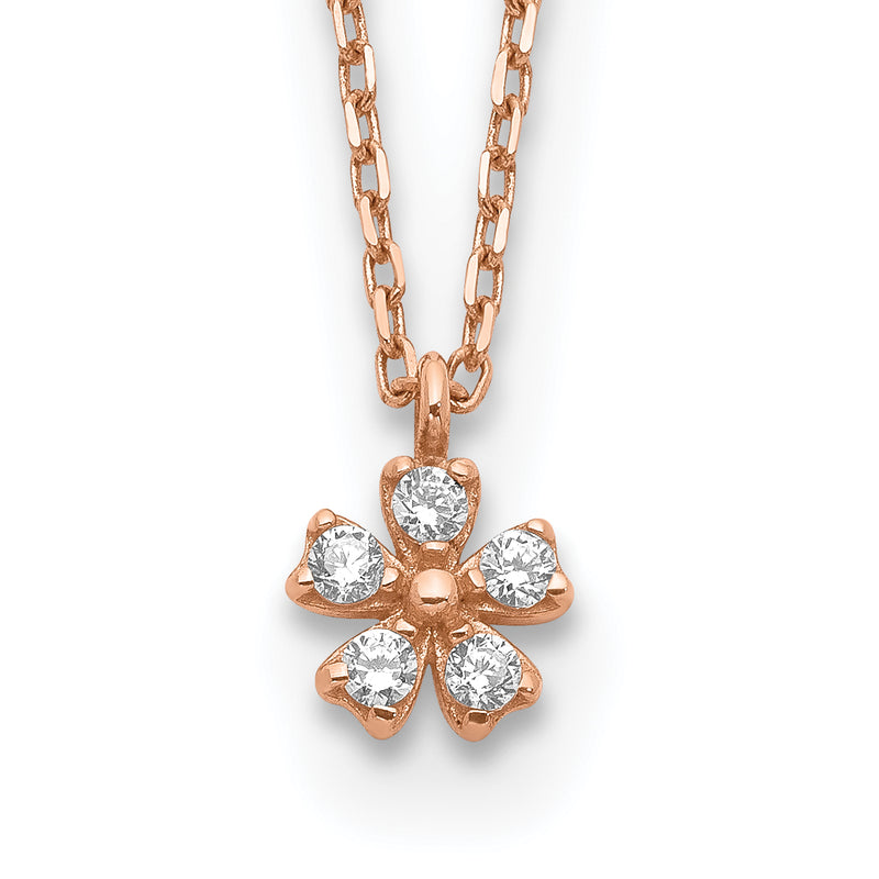 14K Rose Gold Cz Flower W/ 1In Ext. Necklace
